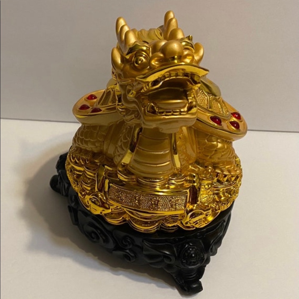Gold Dragon Turtle Tortoise Statue With Base 8” - Picture 5 of 8